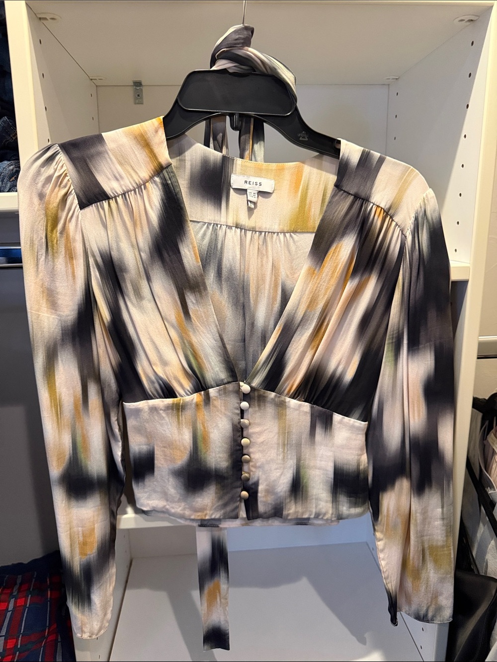 Reiss Multi-Color Abstract Print V-Neck Button Blouse